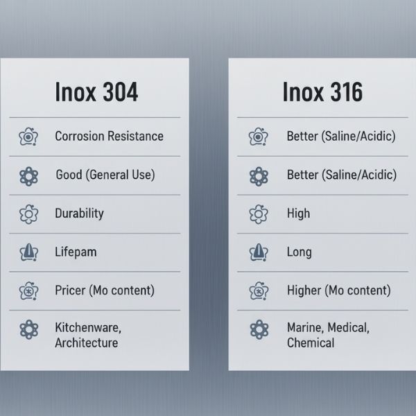 Bảng so sánh inox 304 và 316 chi tiết